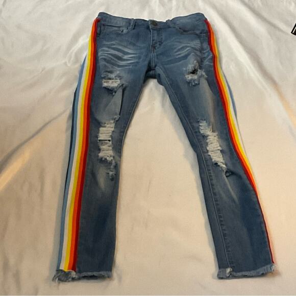 Machine Pour Neuf Mode Rainbowcore Distressed Denim Jean 5/28  Dopamine Pride - Picture 4 of 12
